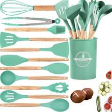 Utensilios de Cocina de Silicona, Juego de 12 Herramientas de Cocina Antiadherentes Resistentes al Calor,Viene con espátula/cuchara/agitador/clip, etc.,... - verde menta - Ver 4