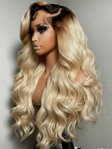 Ombre Brown Roots Blonde Lace Front Wigs Human Hair For Women Brazilian Virgin 250% Density Body Wave Wig Human Hair Free Parting 13x4 Hd Transparent Water Wave Human Hair Wig Glueless Wigs Pre Plucked Bleached Knots With Baby Hair - 根染&漸變色 - 查看 4