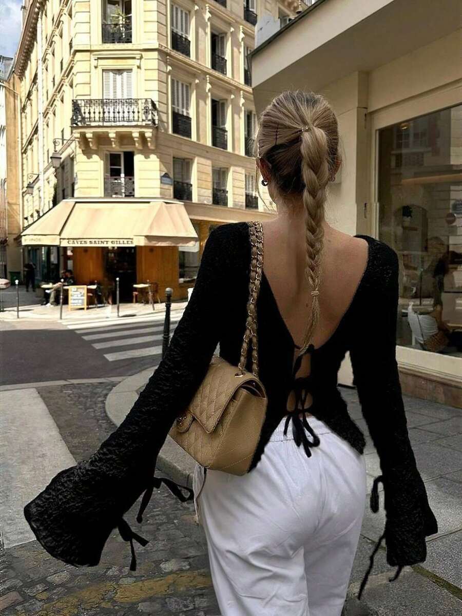 女士纯色扭结喇叭袖露背长袖上衣，时尚休闲百搭的春夏外套，黑色