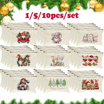 1/5/10pcs Christmas & New Year Canvas Makeup Bag, Gift Bag For Family Party, Best Team Gift, Multi-Purpose Storage Bag For Gift Wrapping, Snacks, Cosmetics, Stationery, Home Decor, Jewelry, Coin Purse, Christmas & New Year Party Essential Small Gift For Family, Friends, Neighbors, Teachers, Nurses, Colleagues