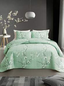 2/3PCS Multicolour Tree Branch Plum Blossom Quilted Quilt, 1pc Quilted Quilt+ 1/2 Pcs Pillowcases, Soft Breathable Comfortable Portability Hypoallergenic Machine Washable Bed Cover Bedding Room Decor, Twin/ Queen/ King Size Fabric Square Weight: 200-250 G/㎡ - màu xanh lá - Xem 9