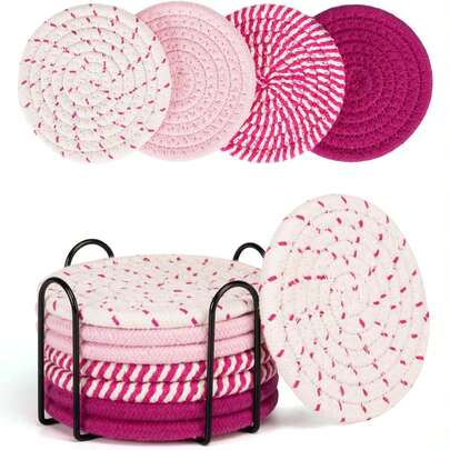 Juego de 4 posavasos tejidos - Posavasos redondos de material de poliéster absorbente para protección de mesa, serie marrón y rosa minimalista para decoración del hogar, posavasos duraderos para bebidas, café, Navidad y regalo práctico y pensativo para días festivos