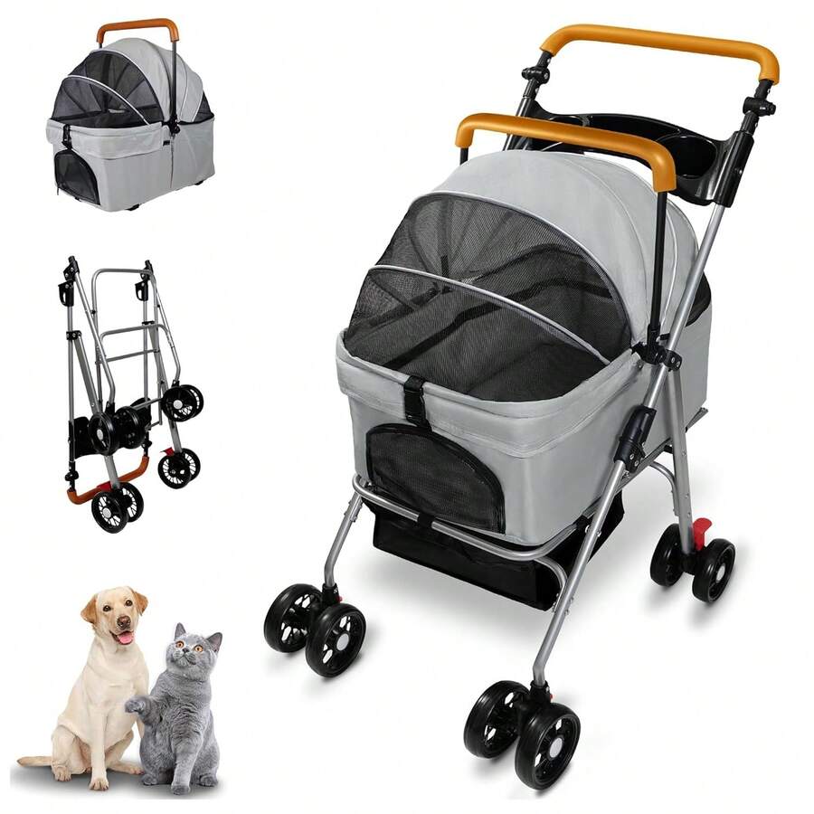 Pet Stroller With Storage Basket And Cup Holder, Folding Dog Jogger, Foldable Cat Stroller, 3 In 1 Puppy Kitten Cart, Pet Jogger For Medium Dog Cat (Gray) - 灰色的 - 查看 1