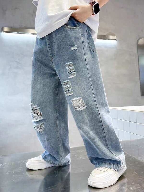 Tween Boys Vintage Streetwear Ripped Relaxed Fit High Waist Straight Leg Jeans, Casual Loose Denim Pants For Teenagers & Big Kids