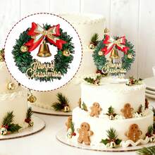 1 confezione di decorazioni per cupcake a forma di corona di Natale con fiocco, cerchio di erba verde, campanelle natalizie, stuzzicadenti per cupcake per festa di nascità, compleanno, Capodanno, Natale, decorazioni per torte e feste