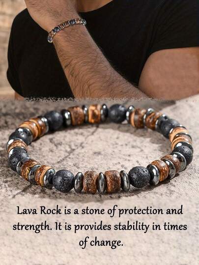 Bracelet pour hommes en perles de lave volcanique noire et de bois - style bohème, donnant de la force et de l'ancrage. Bijou pour hommes, idéal pour les jours de fête, anniversaires ou autres occasions
