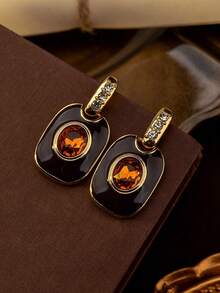 Hoa tai, vòng cổ, vòng tay, vòng cổ, hình vuông tròn khảm nâu cổ điển, thời trang và thanh lịch, phù hợp làm trang phục hàng ngày, quà tặng, phụ kiện khiêu vũ cho phụ nữ - hoa tai - Xem 3