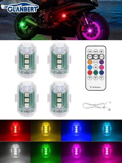 GLANBERT 4/2PCS Wireless LED Strobe Lights With Remote Control, 8 Colors USB Rechargeable Anti-Collision Warning Light, High Brightness Wireless LED Lights For Car Drone Truck Motorcycle Aircraft Bike