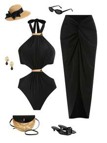 Allurini 女士两件套性感露背吊带镂空连体泳衣，后背系带设计，带裙摆，优雅 - 黑色 - 查看 1