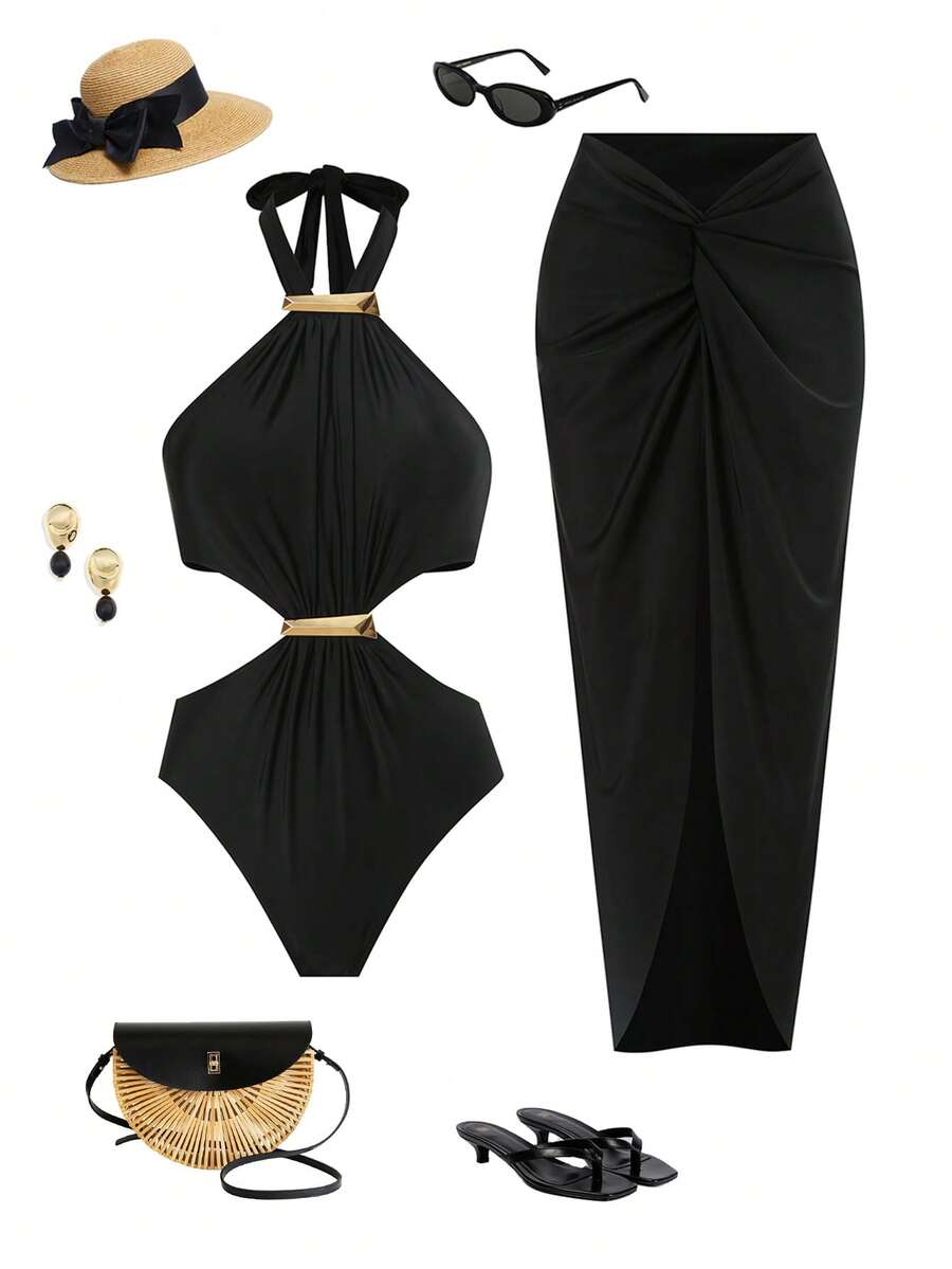 Allurini 女士两件套性感露背吊带镂空连体泳衣，后背系带设计，带裙摆，优雅 - 黑色 - 查看 1