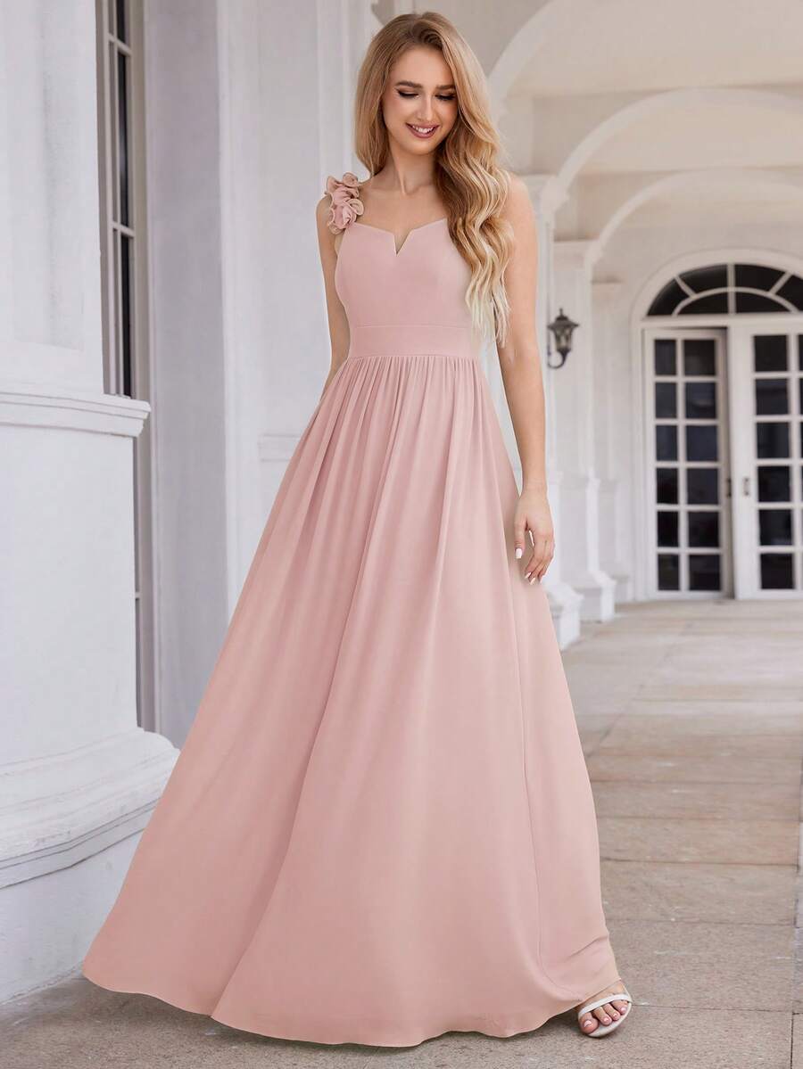 EVERPRETTY 1pc V-Neck Floral 3D Embroidered Chiffon Long Bridesmaid Dress, Suitable For Wedding Receptions - Pink - View 1