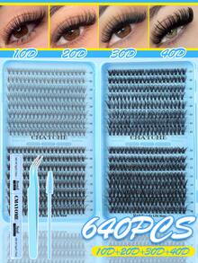 640/200 Cluster Thick False Eyelashes Set, D-Curl Voluminous Fake Lashes, Includes Adhesive, Tweezers And Lash Brush. Large Capacity Design, Beginner-Friendly Professional DIY Segmented False Eyelashes Set, Easily Create Perfect Lashes At Home - Blue - View 5