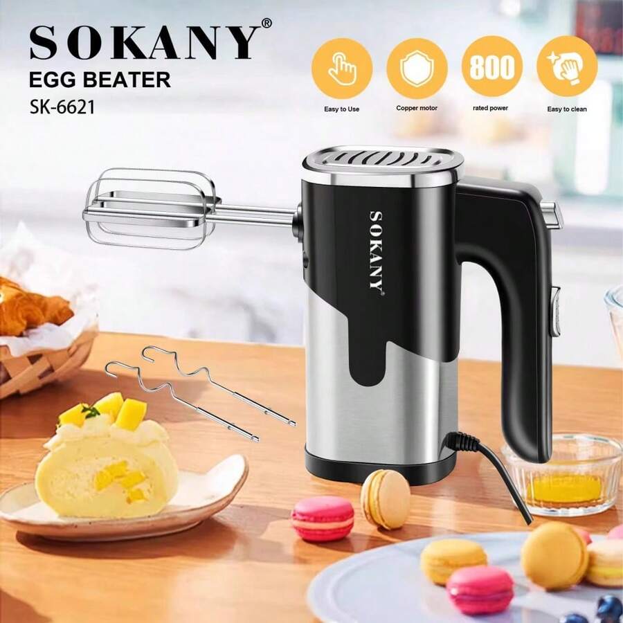 SOKANY-6621 电动手持搅拌机，800W 铜芯电机，5 档精准速度设置，15 秒快速打发，304 不锈钢双搅拌桨，连续运行不发热，拆卸清洗便捷，适用于面包店、饮品店及家庭使用，宝迈厨房必备