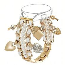 1pc Faux Pearl Beaded Watch Band Compatible With Apple Watch 38/40/41/42/44/45/46/49mm, Suitable For Women - Cuban Link Bracelet, With Cute Pendant Charm, Apple WatchWatch Seamsung Galaxy Watch 7/6/5/4/Active2 Classic 40/44mm, HUAWEI And Other 20mm/22mm Watch Faces (Band Only)