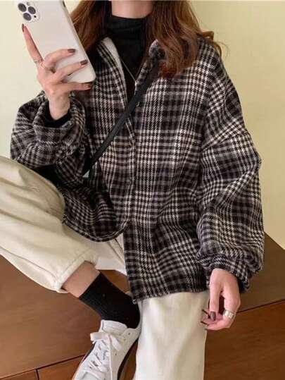 Jaqueta casual xadrez feminina com forro térmico, outono/inverno