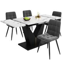 Dining Table Set (5 Pieces), Dining Table Set With 4 Chairs, Modern Kitchen Table Set With Extendable Table Top, Black V-Shaped Legs, White Marble Table Top, Grey Velvet Dining Chairs