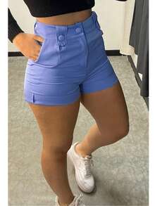 Elegant Women's High-Waisted Dress Shorts With Pockets And Three Buttons - Blue - View 1