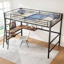 Metal Bed Frame 90x200cm, Iron Bed, Loft Bed With L-Shaped Desk And Shelf For Kids, Teens And Adults, Black - Black - View 12