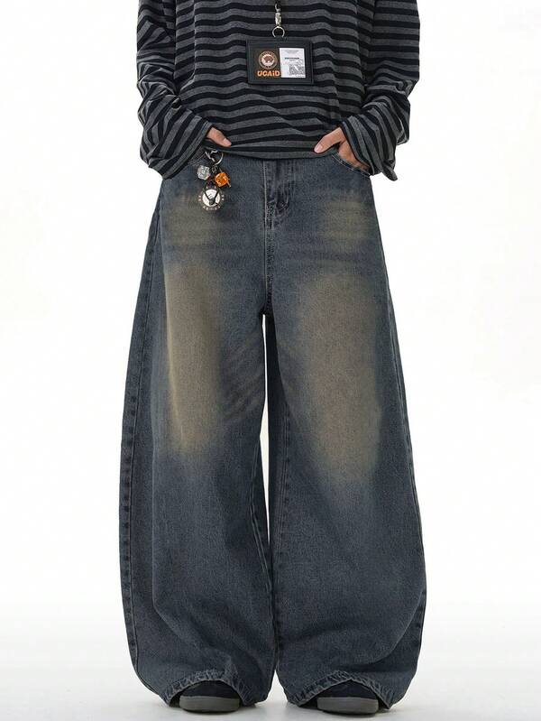 1pc Vintage Washed Loose Fit Distressed Wide Leg Boyfriend Jeans, Casual Design