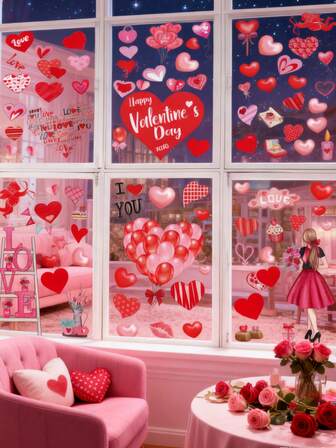 127pcs/7sheets Valentine's Day Heart Window Clings, Suitable For Glass Windows, Happy Valentine's Day Heart Window Decals, Decorative Stickers, Party Supplies, Wedding Anniversary, Valentine's Day