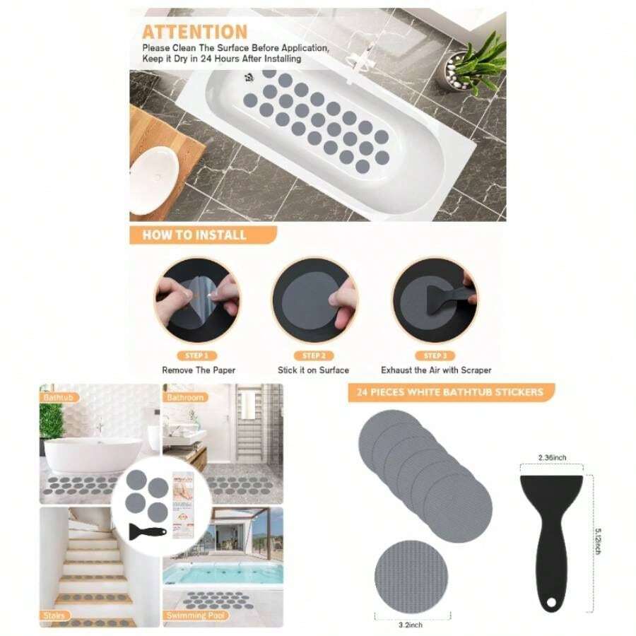 Non Slip Bathtub Stickers, 24 PCS Shower Stickers Safety Bathroom Tubs, Bathtub Non Slip Stickers And Adhesive Decals Scraper Bath Tub, Shower Floor, Stairs, LaddersRound Shape, - Grey - View 1