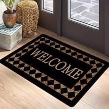 1pc "WELCOME" Plaid Doormat - Non-Slip Polyester, Lightweight, Black & Golden Check Pattern, Perfect For Home Decor, Entryway Welcome Mat|Check Pattern Mat|Polyester Fiber Mat, Welcome Mat - 彩色 - 查看 7