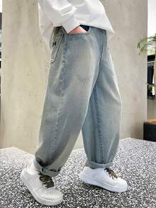 青少年男孩字母刺绣口袋休闲阔腿牛仔裤 - 藍色 - 查看 4