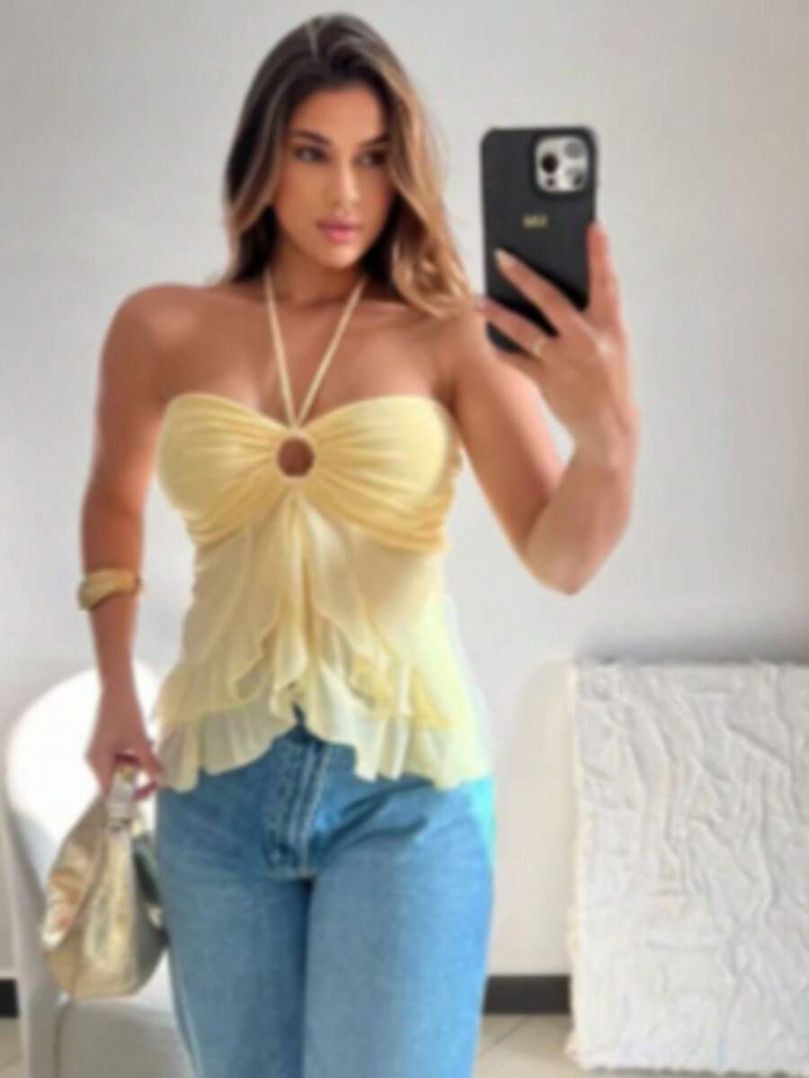 BATINHA FEMININA SOLTINHA COM BABADO ARGOLA AMARRAÇÃO NO PESCOÇO EM TULE BOHO CHIC MODA VERÃO FRENTE UNICA - Amarelo - Visão 1
