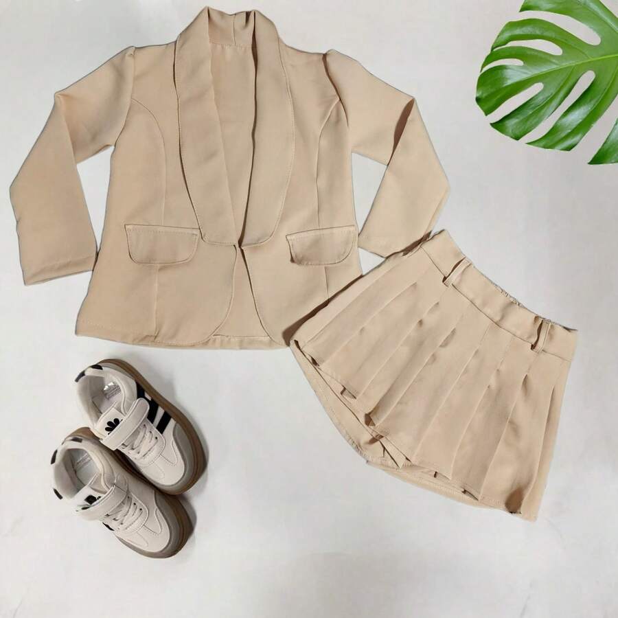 Stylish Children's Dress Set Including Pleated Skirt And Tailored Blazer, Perfect For A Schoolgirl. - 米色 - 查看 1