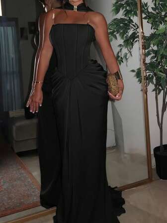 Doriss Delicate Plus-Size Halter Neck Tube Top Ruched Luxury Evening Dress For Women, White Party Event, Old Money Style, Court Style, Modest, Business Casual Woman, New Year, Solid Color, Valentine's Day Outfit, Wedding Season