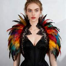 哥特式人造羽毛披肩斗篷披肩蕾丝领万圣节女王服装女装 - 彩色 - 查看 2
