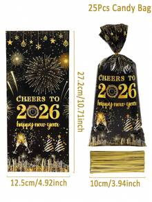 25/50个装 2026新年礼品袋糖果袋，黑色金色礼品包装袋，饰有烟花时钟和礼品图案，糖果袋，零食包装袋，饼干收纳袋，非常适合圣诞节礼品包装和礼品篮包装，2026新年派对用品，冬季装饰，圣诞家居装饰，2026新年装饰，圣诞装饰，节日派对礼物，新年派对用品，新年家居饰品 - 新年黑金 - 查看 12