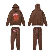 Sp5der 555555 Spider Web Foamed Printed Pure Cotton Hooded Sweatshirt Casual Long Pants Set For Autumn And Winter Men And Women - màu nâu - Xem 1