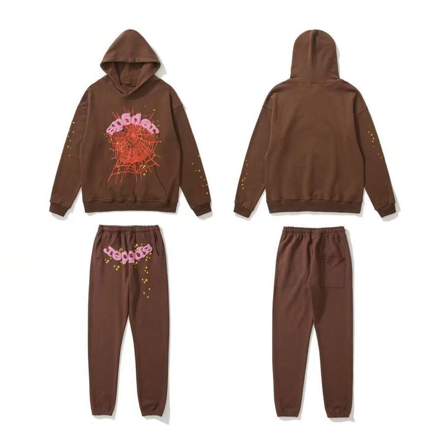 Sp5der 555555 Spider Web Foamed Printed Pure Cotton Hooded Sweatshirt Casual Long Pants Set For Autumn And Winter Men And Women - màu nâu - Xem 1