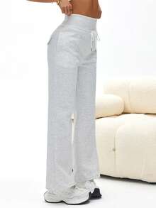 Pantalones casuales de cintura alta y pierna ancha (con bolsillos laterales) para mujer, estilo casual de todos los días - Gris - Ver 4