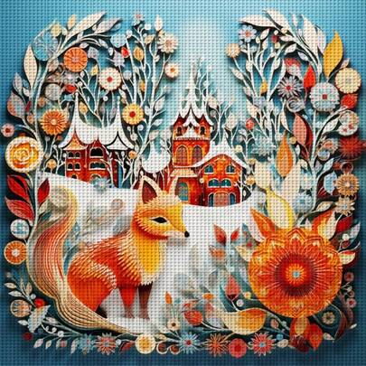 1 Set - Fox & Winter Village Cross Stitch Kit, DIY Needlework Art Materials, 11CT Cross Stitch Decor Painting, Creative Handmade Stress Relief Gift. Full Set Home Decor Printed Cross Stitch Craft, Suitable For Home Decor Knitting Art. Frame Not Included