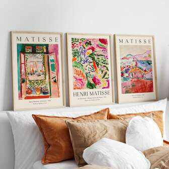 马蒂斯艺术版画三件套、抽象马蒂斯墙面艺术海报套装、复古博物馆画廊墙面装饰、现代法式极简主义绘画版画、亨利·马蒂斯展览艺术、彩色线条画帆布版画、客厅、卧室、办公室的美学家居装饰、波西米亚风艺术版画、中性风家居墙面装饰、画廊海报套装