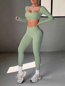 Bộ đồ thể thao nữ Aoqta gồm áo thun tay ngắn dài tay cổ vuông và quần bó nâng hông, thích hợp cho tập luyện mùa hè, yoga, chạy bộ và các hoạt động thể dục khác. - màu xanh lá - Xem 4