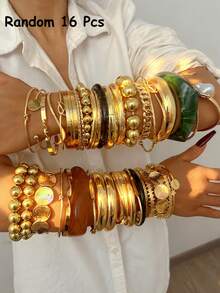 30pcs/25pcs/23pcs/16pcs/12pcs/5pcs Vintage Fashionable Elegant Metal Multi-Element Retro Geometric Asymmetrical Tie Dye Resin Faux Pearl Flower Wave Knot Round Disc Multi-Layer Line Cross Hollow Wide Bracelet Set, Simple Personalized Exaggerated Luxury High-End Jewelry Suitable For Women Men Couples, Autumn/Winter, Vacation, Party, Wedding, Date, Daily Wear, Versatile (Random Styles) - Multicolor - View 20