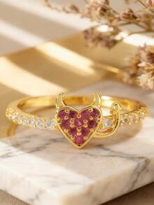 1pc Personalized Angel Devil Heart Eternal Wedding Ring, Copper Material Luxury Inlaid Red Synthetic Cubic Zirconia, Luxury Adult Jewelry, Mother's Day Gift, Halloween, Easter, Anniversary Birthday Gift