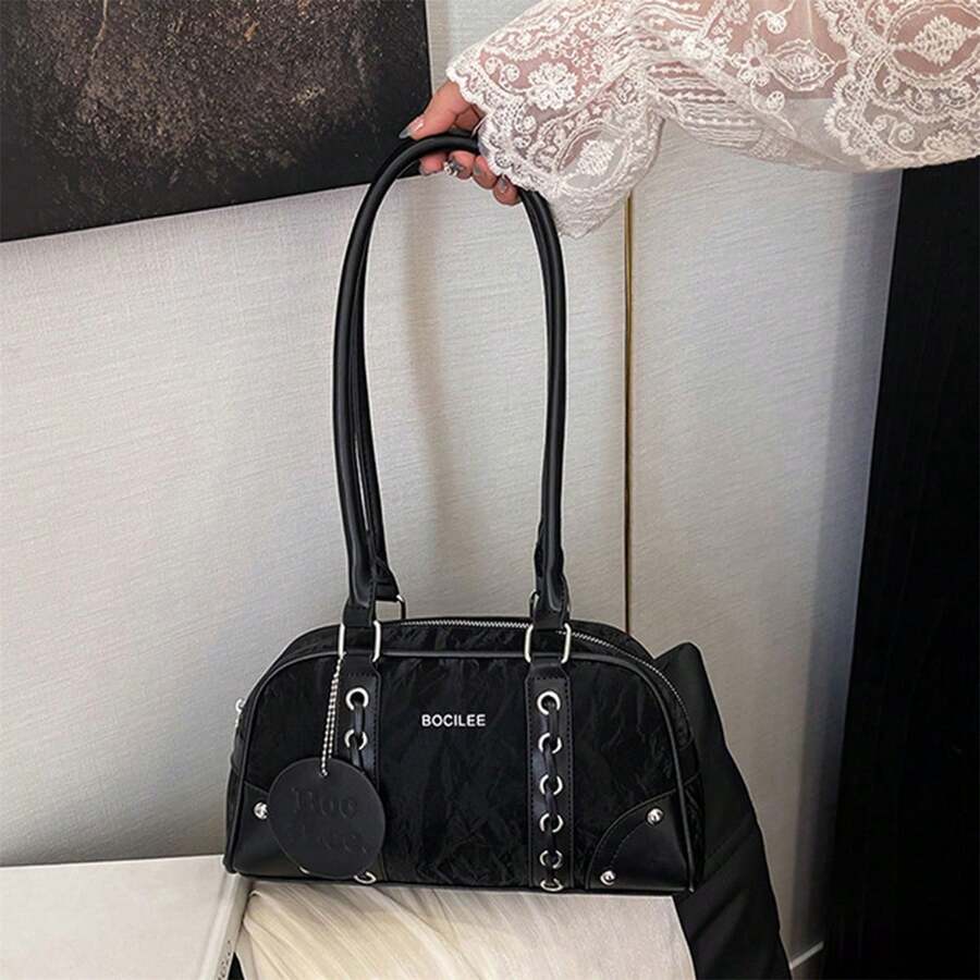 Bolso Boston versátil para mujer, estilo axila, con contraste de colores, informal, de gran capacidad, para el hombro, ideal para el día a día. - Negro - Ver 1