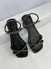 Women's Flat Sandal With Glitter Strap - 黑色 - 查看 1