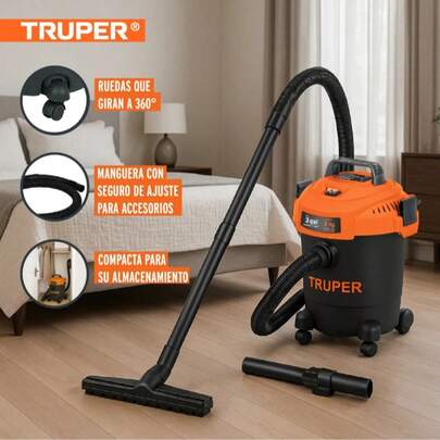 Aspiradora de Sólidos y Líquidos 3 Gal (11 L) 3 HP Truper con Filtro HEPA, Ruedas 360° y Alta Succión (16.8 kPa). Potente Aspiradora Industrial/Doméstica Negra 127V. Incluye Manguera 1.2 m y Kit de 5 Accesorios (Boquillas y Filtros) – Cumple NOM-003-SCFI. Ideal para Limpieza Profunda de Hogar, Taller o Negocio con 1000 W de Potencia Nominal. Máximo Rendimiento y Calidad.