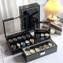 New 3/6/10/12 Slots Watch Box, With Large Glass Printed Striped, ASTUO 20 Slots Men's Watch Box, Black Luxury Watch Box Storage Case With Drawer, Leather Watch Display Box, Watch Organizer Box, Jewelry Box, Bracelet Box, Removable Watch Pillow