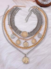 1pc Exaggerated Geometric Coin Badge Pendant Multi-Layer Necklace, Luxurious Retro Design Fashion Accessory - Badge Layered Necklace - View 13