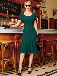 Rochie retro din anii 1950, stil sirenă, cu decolteu în formă de inimă, rochie de cocktail creion - Verde inchis - Vizualizare 1