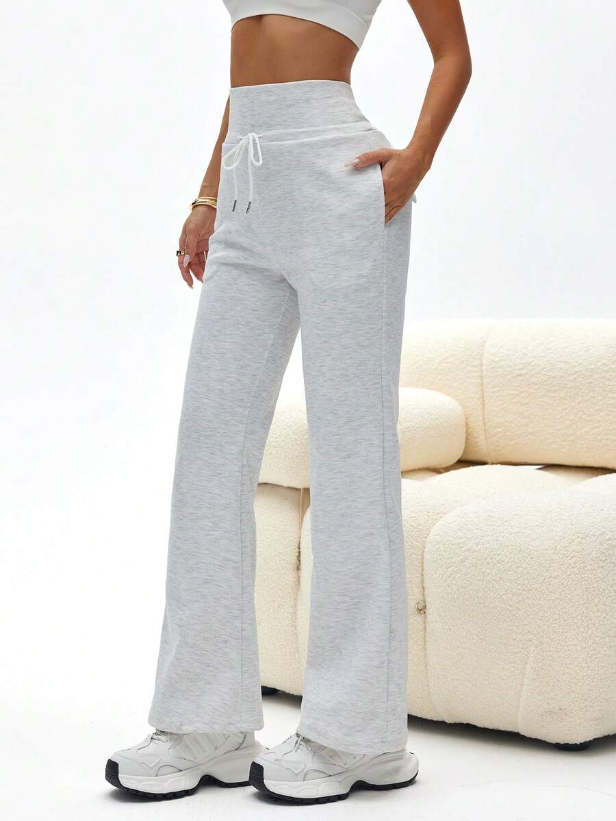 Pantalones casuales de cintura alta y pierna ancha (con bolsillos laterales) para mujer, estilo casual de todos los días - Gris - Ver 1