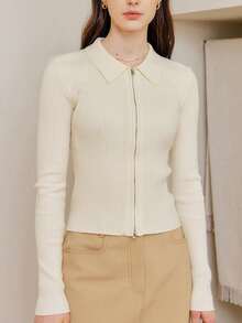 Sweaters For Women Simple Double-Zip Ribbed Cardigan, Slim-Fit And Figure-Flattering, High-Stretch Knitted, Elegant Solid-Color With Zipper, Classic Collegiate-Style Women's Cardigan - Apricot - View 5