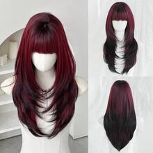 渐变黑红假发，女士款，24英寸长层次直发，带刘海，时尚自然，合成纤维材质，适合音乐节、派对、哥特风角色扮演等场合。 - 紅色 - 查看 11