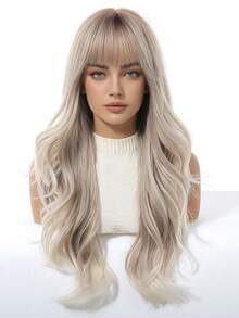 28-Inch Gray Ombre Wavy Wigs For Women With Bangs Long Natural Synthetic Hair Wig Daily Cosplay Heat Resistant - Màu xám ombre - Xem 3
